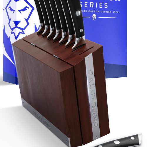 Dalstrong gladiator series 8 piece steak knife set with black handles in front of it's premium packaging.