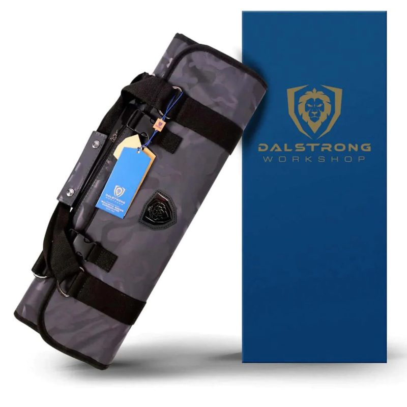 Dalstrong ballistic series graphite black knife roll in front of it's premium packaging.